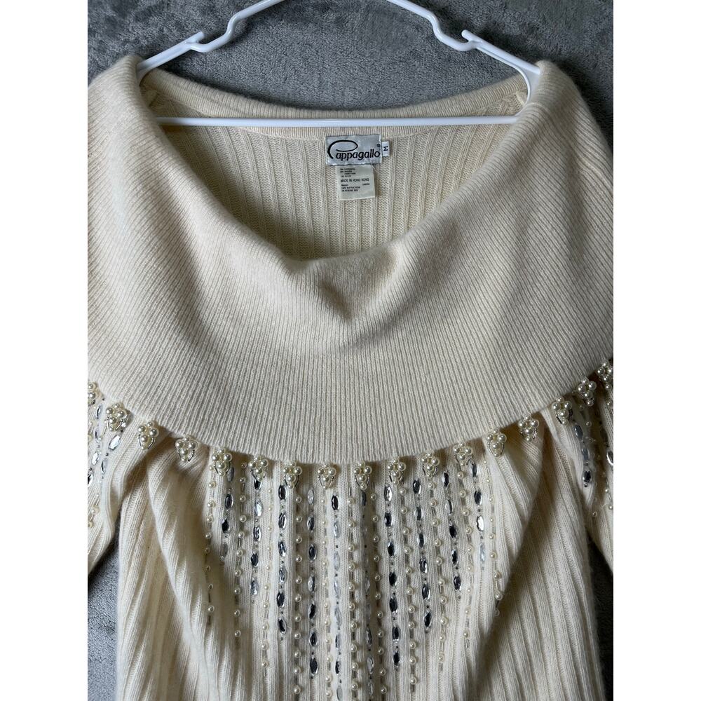 Vintage Ivory Lambswool Angora Beaded Ribbed Knit Sweater Skirt Set Quiet Luxury - Picture 3 of 13